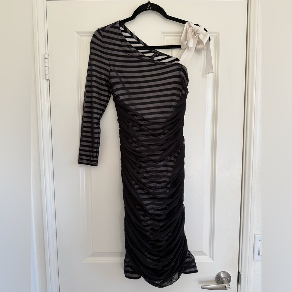BCBGMaxAzria Black and White Striped One-Shoulder Ruched Mesh Overlay Dress